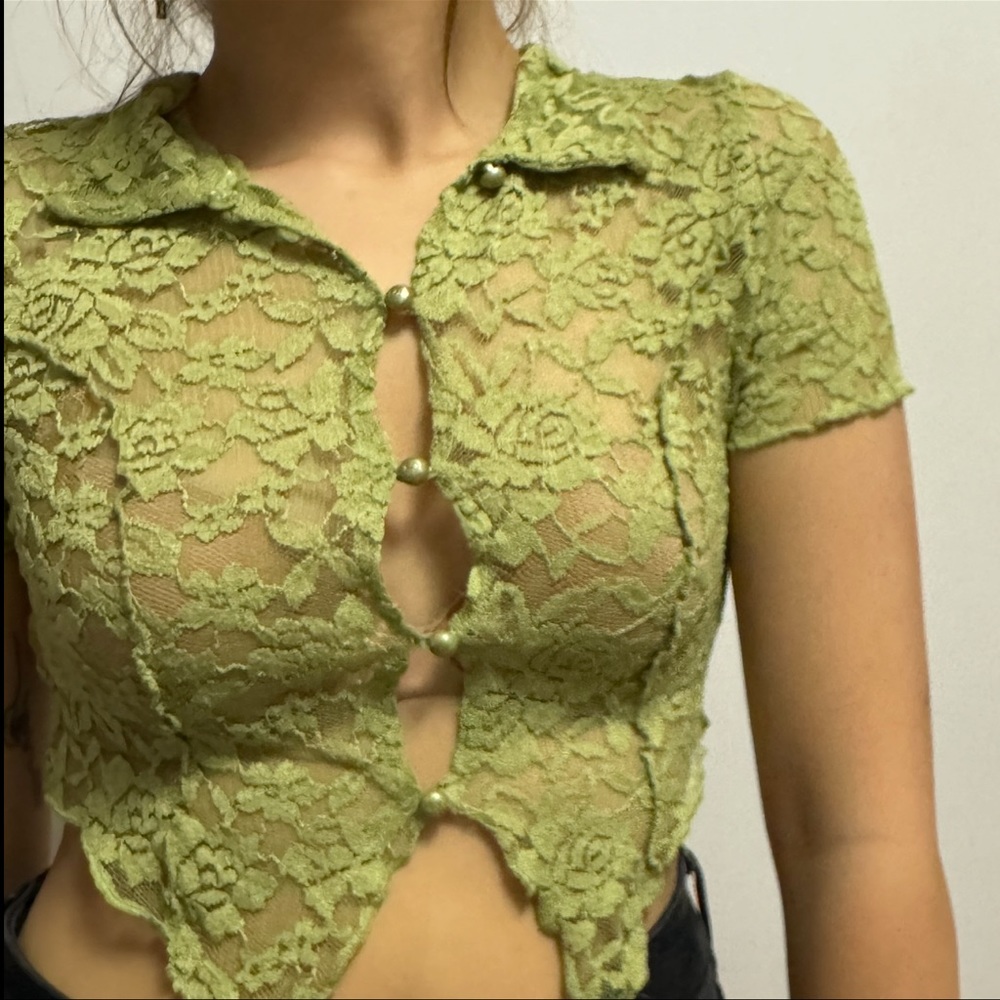 green lace button down top